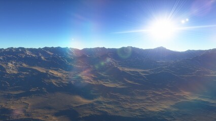 Mars like red planet, with arid landscape, rocky hills and mountains, for space exploration and science fiction backgrounds.
