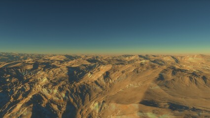 Mars like red planet, with arid landscape, rocky hills and mountains, for space exploration and science fiction backgrounds.