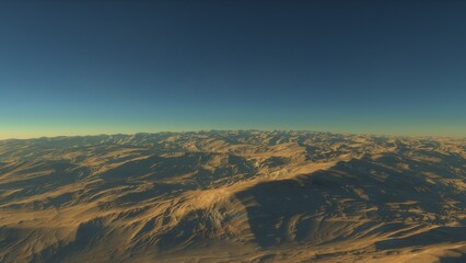 Mars like red planet, with arid landscape, rocky hills and mountains, for space exploration and science fiction backgrounds.