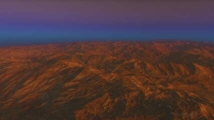 Mars like red planet, with arid landscape, rocky hills and mountains, for space exploration and science fiction backgrounds.