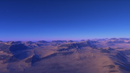 Mars like red planet, with arid landscape, rocky hills and mountains, for space exploration and science fiction backgrounds.
