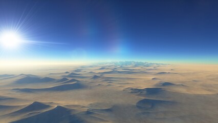 Mars like red planet, with arid landscape, rocky hills and mountains, for space exploration and science fiction backgrounds.
