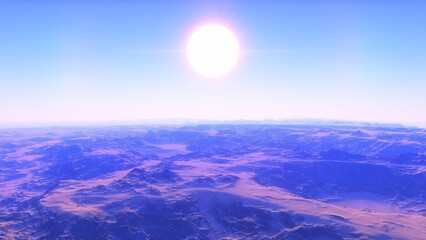 Mars like red planet, with arid landscape, rocky hills and mountains, for space exploration and science fiction backgrounds.
