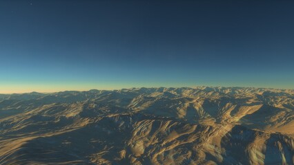 Mars like red planet, with arid landscape, rocky hills and mountains, for space exploration and science fiction backgrounds.
