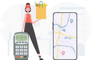 Delivery concept. A woman is holding a bag of food. trendy style. Vector.