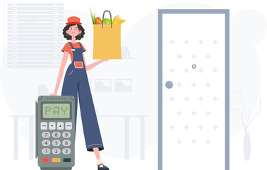 Home products. Food delivery. A woman delivers a package of products. trendy style. Vector.