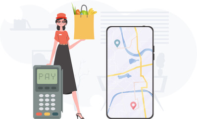 Home delivery concept. A woman delivers a package of products. trendy style. Vector.