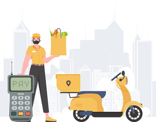 Delivery concept. A man is holding a bag of food. trendy style. Vector.
