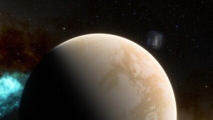 Plakat super-earth planet, realistic exoplanet, planet suitable for colonization, earth-like planet in far space, planets background 3d render 