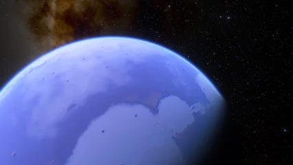 Stof per meter Volle maan en bomen super-aarde planeet, realistische exoplaneet, planeet geschikt voor kolonisatie, aarde-achtige planeet in de verre ruimte, planeten achtergrond 3d render