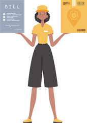 A woman courier is holding a parcel and a check. Delivery concept. Isolated. trendy style. Vector.