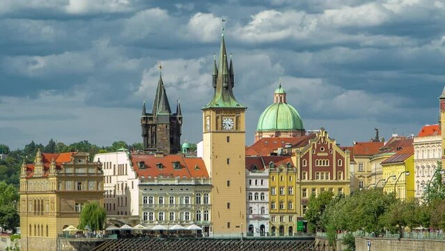Charles Bridge and historical buildings timelapse in Prague from across the river. Old Town Watereworks Tower, Staromestsky water tower. Prague, Czech Republic.