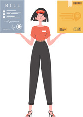 A woman courier is holding a box and a check. Home delivery concept. Isolated. trendy style. Vector.