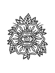 Blackwork tattoo flash. All seeing eye with flower. Sacred geometry. Vector illustration isolated on white. Tattoo design, mystic symbol. New World Order. Eye of Providence.