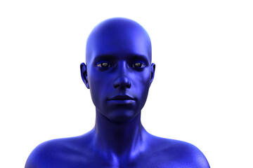 3D render. Portrait of a blue bald man on a white background. 