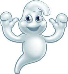 A ghost Halloween cute cartoon character smiling and waving
