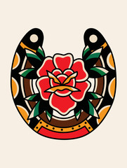 Old tattooing school colored rose isolated vector illustration.