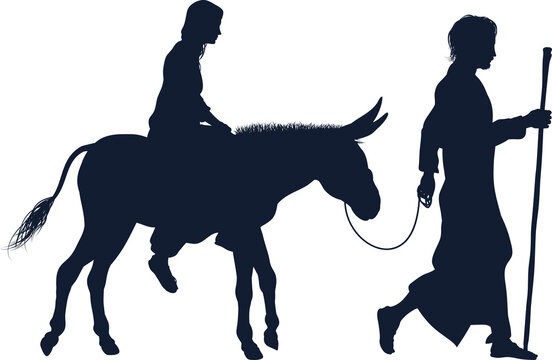 A nativity Christmas illustration of the Virgin Mary and Joseph with donkey in silhouette on their journey 