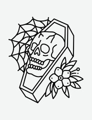 Coffin skull with flower tattoo vector design.