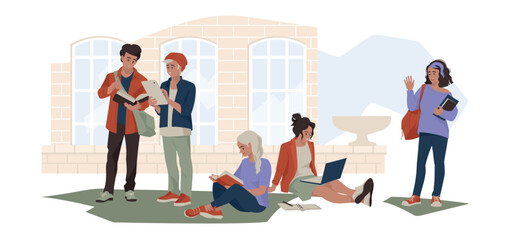 Student life. Schoolchildren and students rest in the courtyard of the campus. Girl with books waving greeting. Student with a laptop. The guy with the tablet. Vector image.