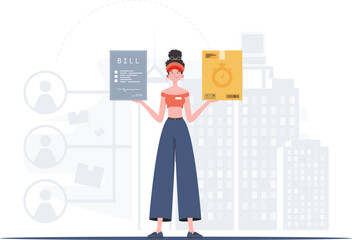 Delivery concept. Woman courier delivers a parcel and issues an invoice. Trendy flat style. Vector.