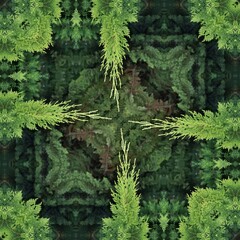 bush and hedge pattern and square format  design with bright new growth against darker evergreen background