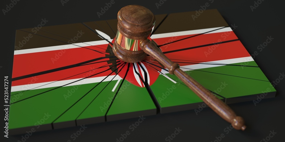Poster broken block with flag of kenya and judge's gavel. conceptual 3d rendering