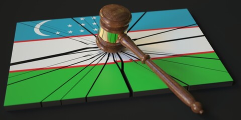 Broken block with flag of Uzbekistan and judge's gavel. Conceptual 3d rendering