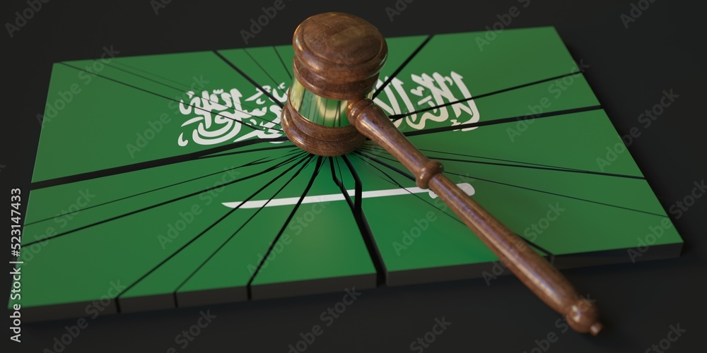 Poster broken block with flag of saudi arabia and judge's gavel. conceptual 3d rendering