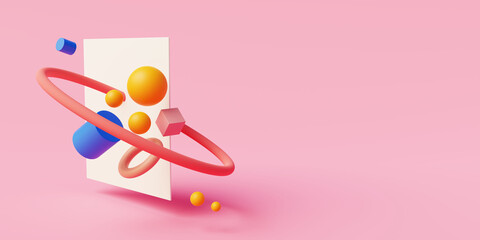 abstract pink background with levitating geometric shapes and copy space for homepage and banner