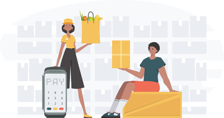 Home delivery concept. Delivery team. Finished banner. trendy style. Vector.