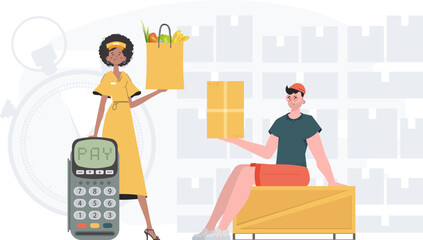 Home delivery concept. Food and parcel delivery people team. Finished poster. Cartoon style. Vector.