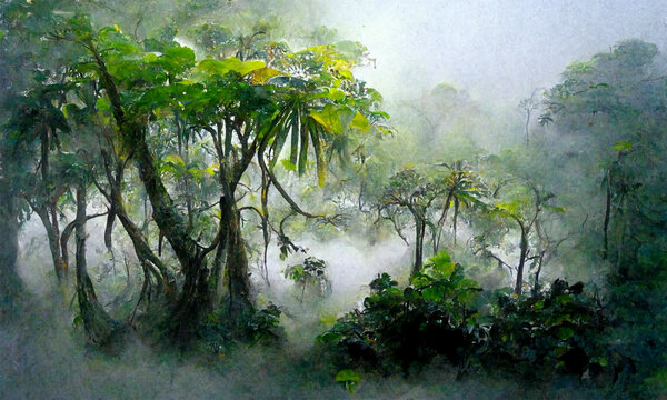 foggy misty jungle  rainforest background, digital art