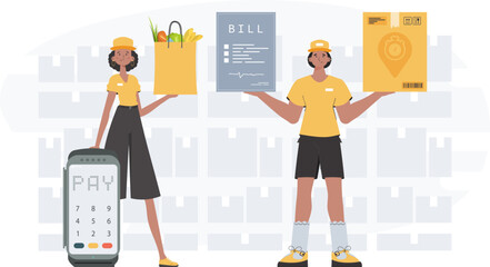 Delivery concept. Delivery team. Finished poster. Trendy flat style. Vector.