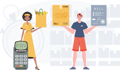 Delivery concept. Delivery team. Finished poster. Cartoon style. Vector.