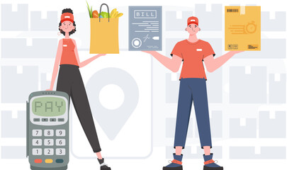 Delivery concept. Delivery team. Finished banner. trendy style. Vector.