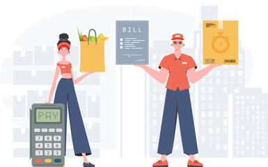 Delivery concept. Food and parcel delivery people team. Finished poster. Trendy flat style. Vector.