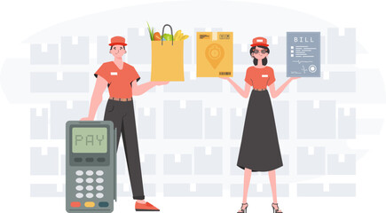 Delivery concept. Food and parcel delivery people team. Finished banner. trendy style. Vector.