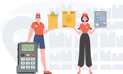 Home products. Food delivery. Delivery team. Finished poster. trendy style. Vector.