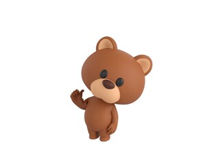Little Bear character pointing back thumb up empty space in 3d rendering.