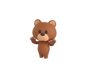 Little Bear character raising hands and showing palms in surrender gesture in 3d rendering.