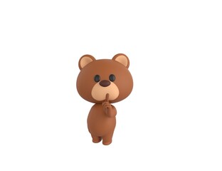 Little Bear character holding hand near mouth silence gesture in 3d rendering.