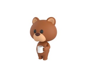 Little Bear character holding white coffee mug in 3d rendering.