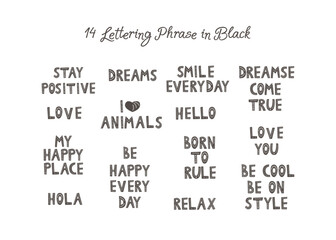 14 positive phrases in black. Flat Vector illustration. © светлана аркаллаева