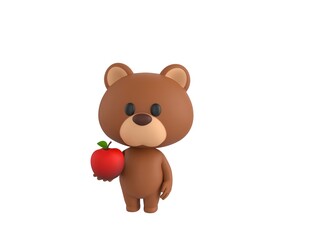 Obraz premium Little Bear character holding red apple in 3d rendering.
