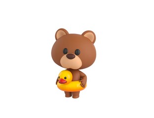 Naklejka premium Little Bear character with inflatable duck ring in 3d rendering.