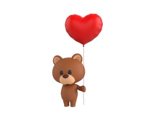 Little Bear character holding heart balloon in 3d rendering.