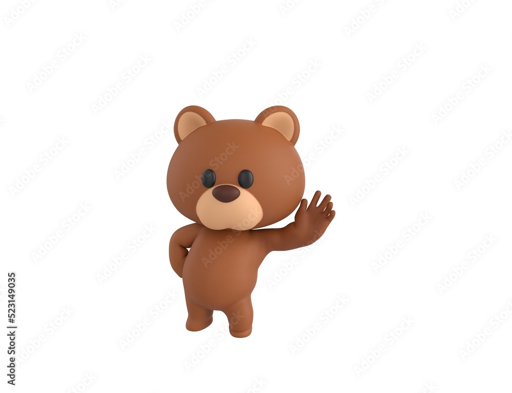 Sticker Little Bear character hold hand near ear listening rumors in 3d rendering.