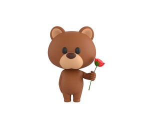 Obraz premium Little Bear character holding flower in 3d rendering.