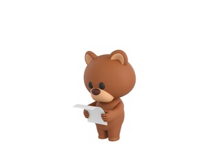 Little Bear character reading paper in 3d rendering.